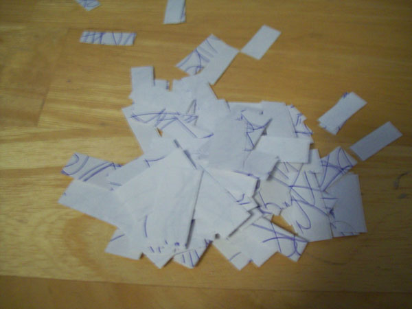 A pile of paper segemnts.