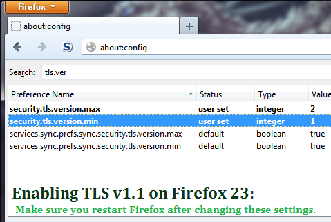 Enabling TLS 1.1 in Firefox 23