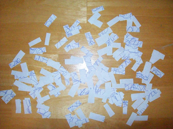 Randomized paper segments laid out on a table.